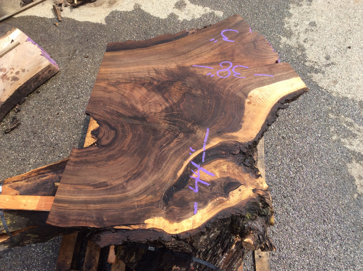 Claro Walnut, Crotch figure bark inclusions