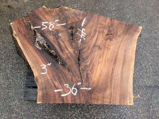 Claro Walnut, Crotch figure bark inclusion crack on the left